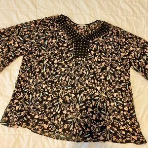 Pleated Floral Tunic with 3/4 bell sleeves and studded neckline. NWOT